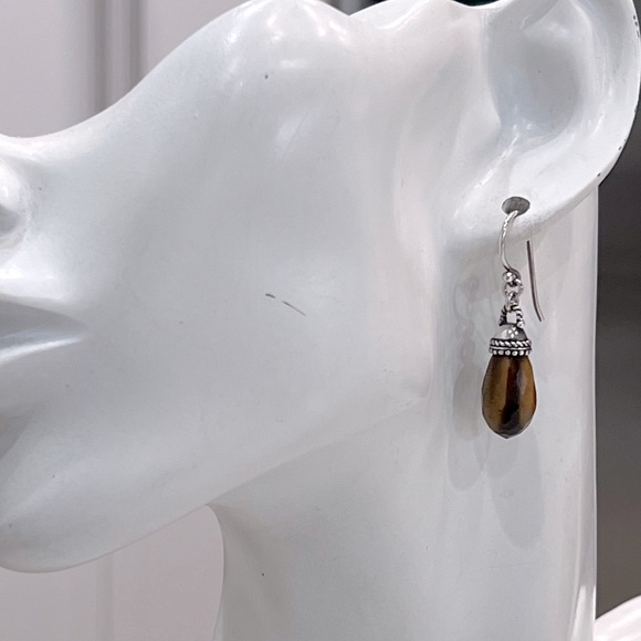 South African Tiger’s Eye Sterling Silver Crowned Drop Earrings - Picture 3 of 10